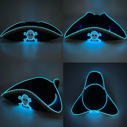 Halloween LED Black Pirate Hat For Adult Pirate Theme Party Glowing Captain Cap Cosplay Costume Luminous Hat With Skull Pattern