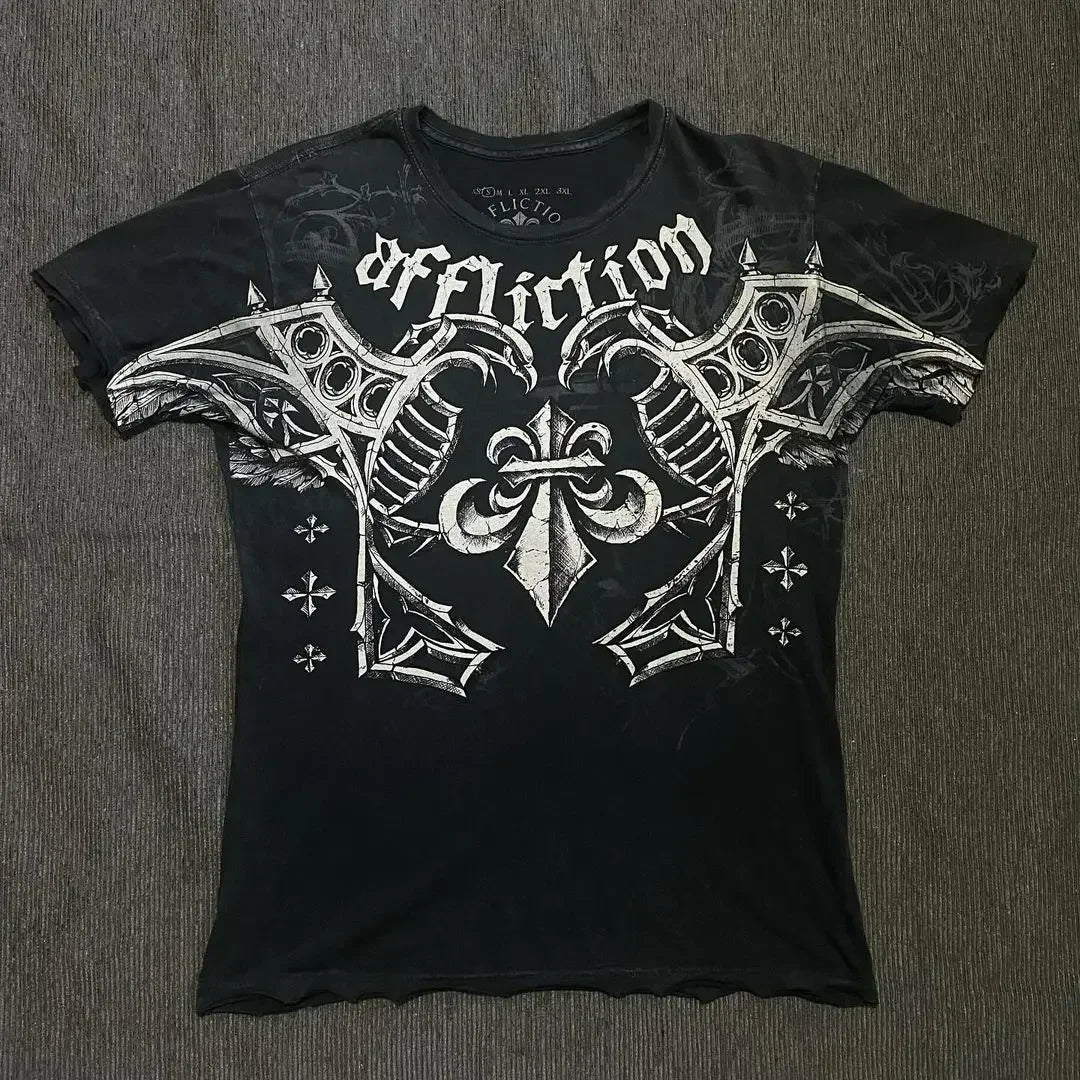 90s affliction Hip Hop Skull Graphic t shirts Men Streetwear Goth Tops Men Clothes Casual Gothic Oversized Long Sleeve T shirt