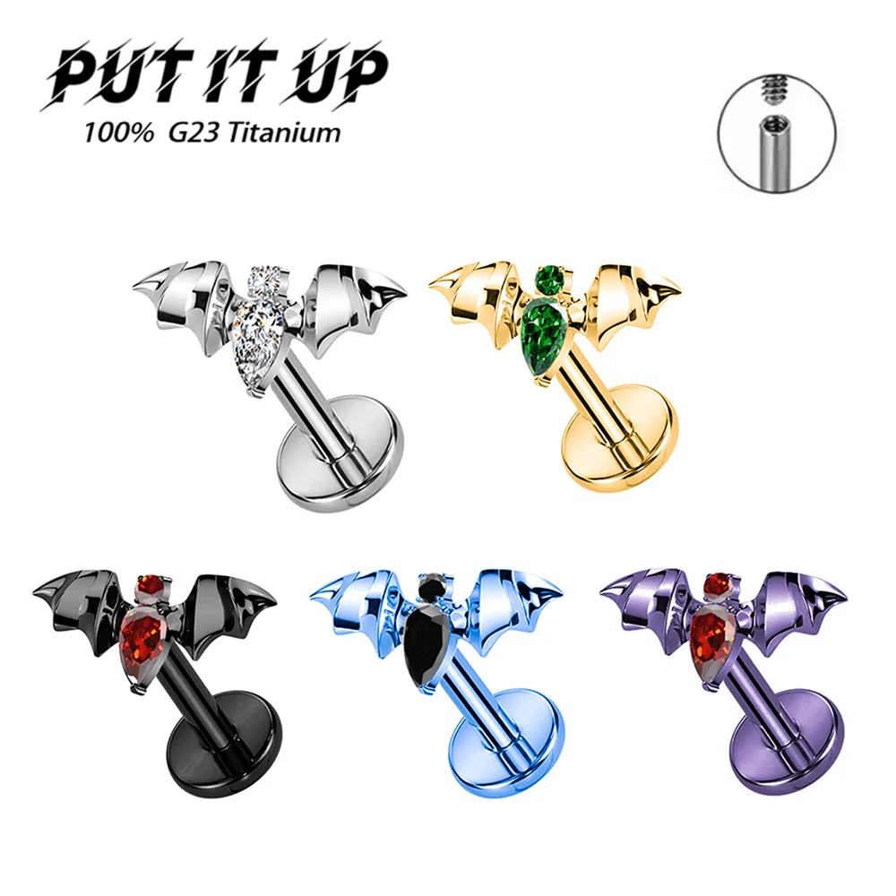 PUTITUP F136 Titanium Halloween Bat Earrings Vampire Style Inlaid Zirconia Gothic Ear Bone Lip Stud Body Piercing Jewellery