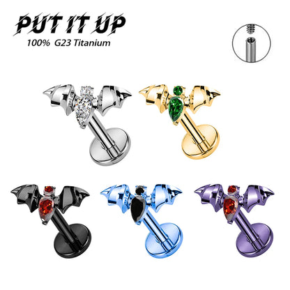 PUTITUP F136 Titanium Halloween Bat Earrings Vampire Style Inlaid Zirconia Gothic Ear Bone Lip Stud Body Piercing Jewellery