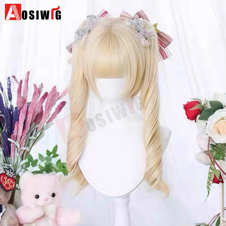 Synthetic Princess Cut Double Ponytail Lolita Wig with Bangs Girl Ombre Blonde Brown White Gray Cosplay Halloween Harajuku Wig