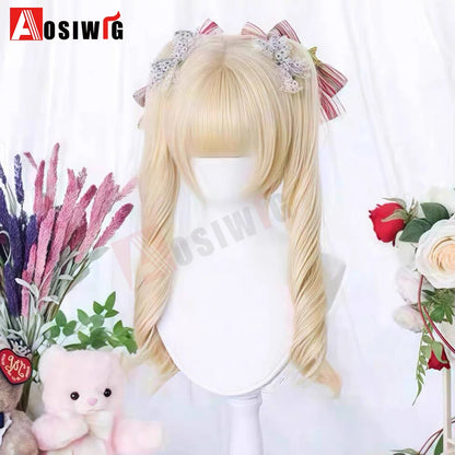 Synthetic Princess Cut Double Ponytail Lolita Wig with Bangs Girl Ombre Blonde Brown White Gray Cosplay Halloween Harajuku Wig