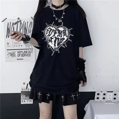 Y2k Fashion Goth Vintage Print T-shirt Women Harajuku Streetwear Dark Gothic Emo Alt Short Sleeve O-neck Loose Black Tee Tops