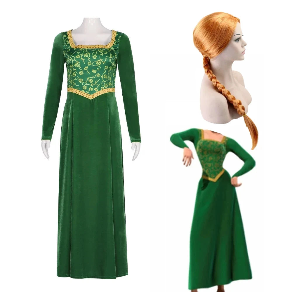 Princess Fiona Cosplay Costume Anime Shrek Wife Green Fiona Cos Dress Wigs Outfit ForLadies Women Long Dress Halloween Headgear