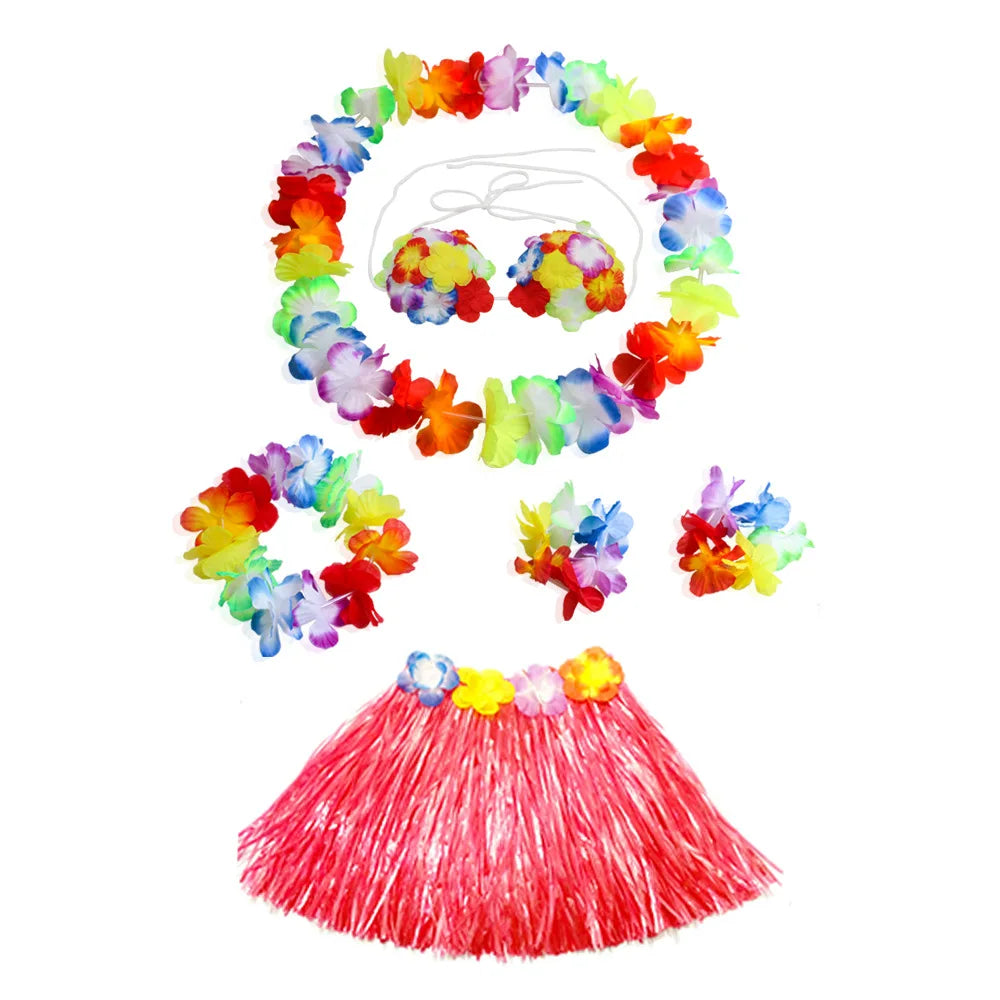 Hawaiian Dance Child Skirt with Leis Costume, Elastic Luau Grass, Hawaiian Flower Bracelets, Headband, Necklace, 40cm, 5pcs 6Pcs