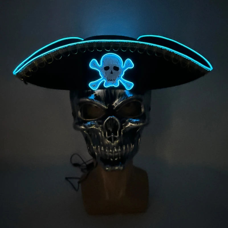 Halloween LED Black Pirate Hat For Adult Pirate Theme Party Glowing Captain Cap Cosplay Costume Luminous Hat With Skull Pattern