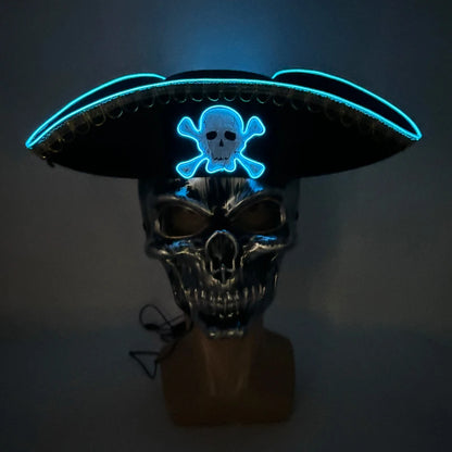 Halloween LED Black Pirate Hat For Adult Pirate Theme Party Glowing Captain Cap Cosplay Costume Luminous Hat With Skull Pattern