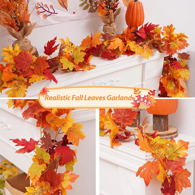 200CM Autumn Artificial Maple Leaf Wreath Fake Leaf Plant Vine Home Decor Garden Halloween Wall Outdoor Doors Windows Decoration