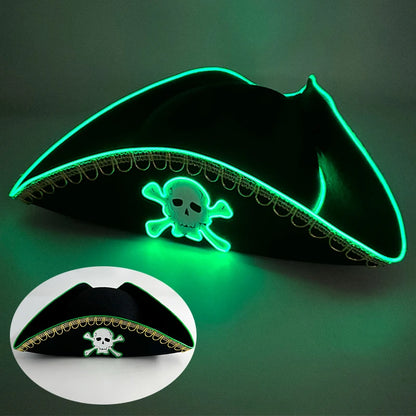 Halloween LED Black Pirate Hat For Adult Pirate Theme Party Glowing Captain Cap Cosplay Costume Luminous Hat With Skull Pattern