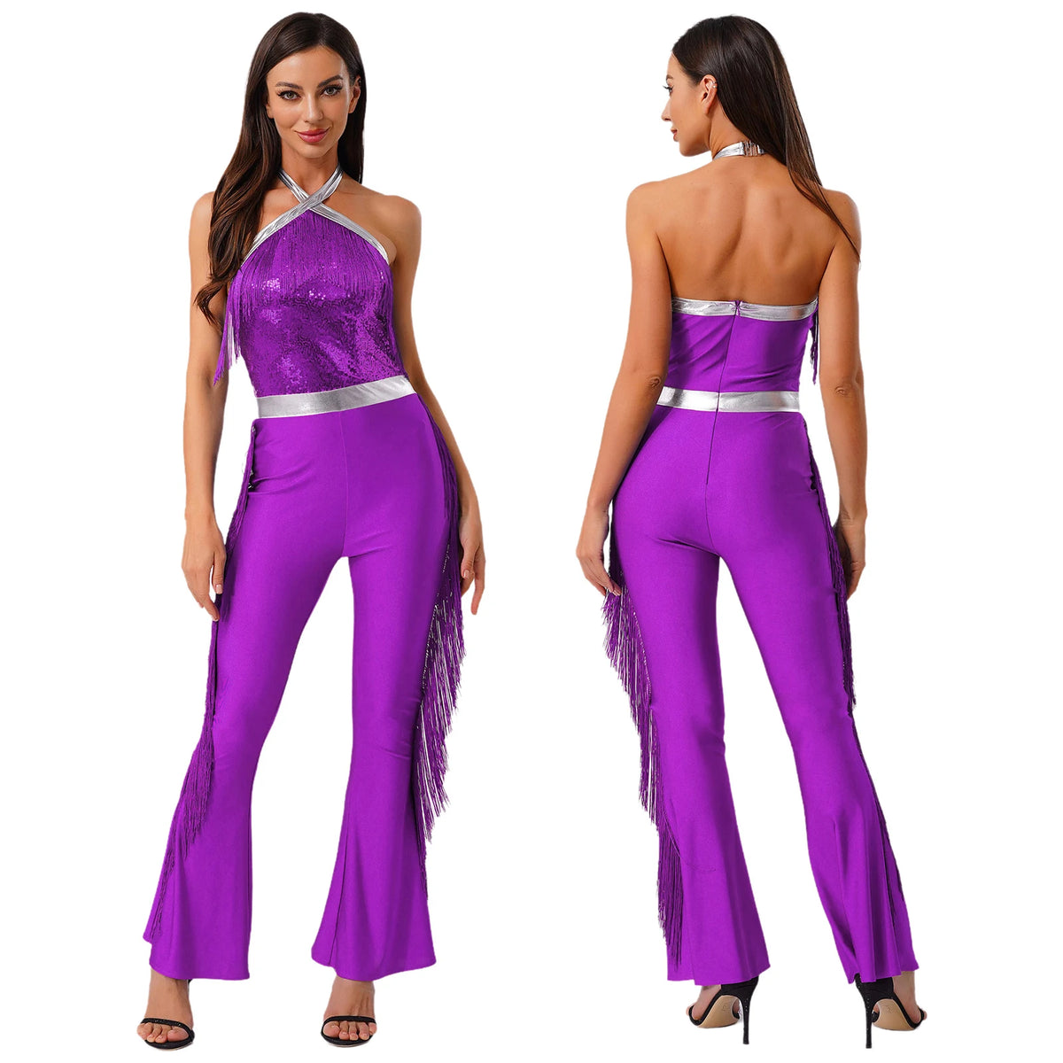Women 70-80s Disco Latin Jazz Dance Cha-cha Bodysuit Shiny Sequin Tassel Jumpsuit Halloween Carnival Cosplay Performance Costume