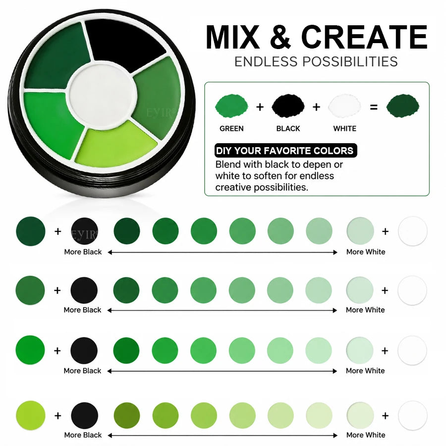 EYIR Green Black White Face Body Paint Palette 6 Colors Water Activated SFX Makeup Kit With 6 Brushes Halloween Cosplay Festival