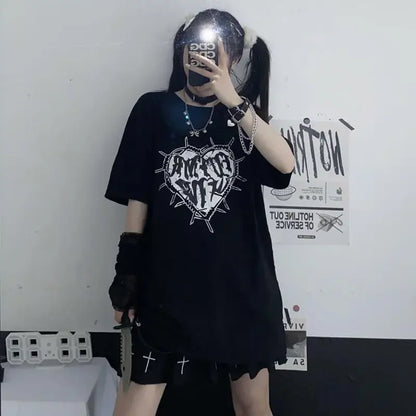 Y2k Fashion Goth Vintage Print T-shirt Women Harajuku Streetwear Dark Gothic Emo Alt Short Sleeve O-neck Loose Black Tee Tops