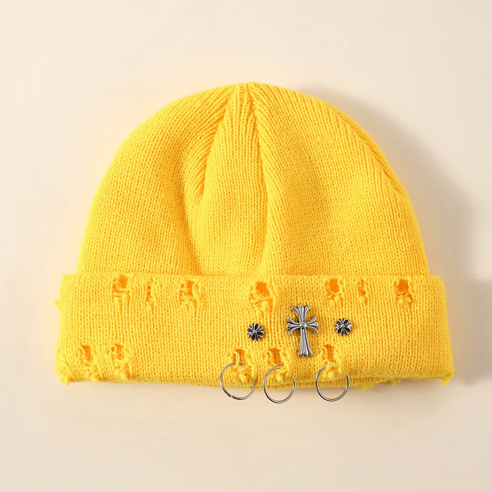 New Unisex Knitted Beanie With Devil Horns Halloween Distressed Skull Cap Hip Hop Winter Warm Yarn Hat For Men Women