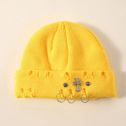 New Unisex Knitted Beanie With Devil Horns Halloween Distressed Skull Cap Hip Hop Winter Warm Yarn Hat For Men Women