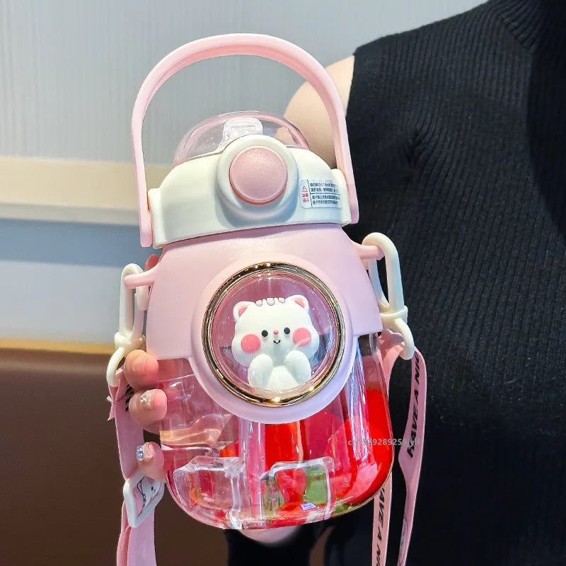 820ml Kids Water Sippy Cup Cartoon Water Bottle with Straw and Handle Portable Drinking Bottle Cup for Children Student School