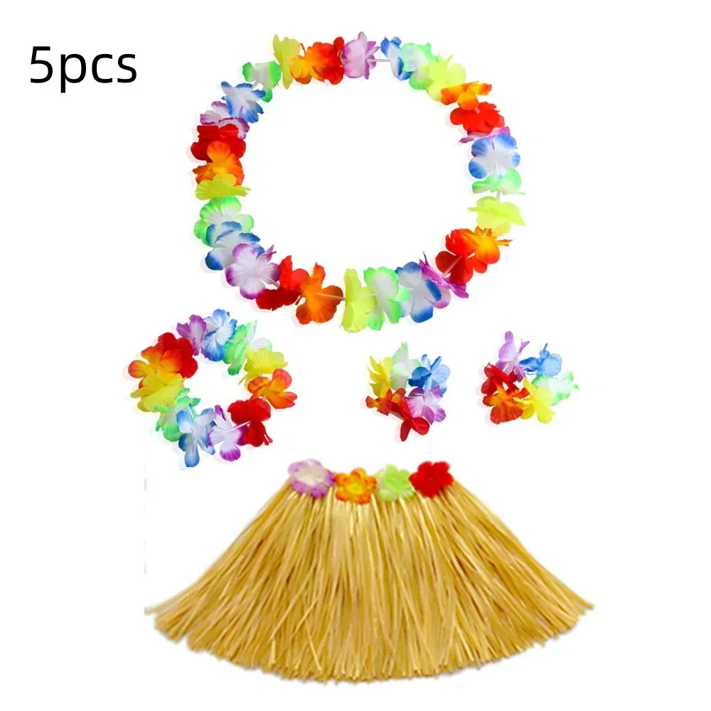 Hawaiian Dance Child Skirt with Leis Costume, Elastic Luau Grass, Hawaiian Flower Bracelets, Headband, Necklace, 40cm, 5pcs 6Pcs