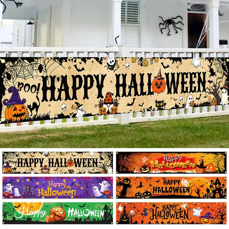 Ghost Halloween Pumpkin Banner Retro Halloween Party Signs Banner Decorations Fence Yard Porch Sign Outdoor Terror Decorations