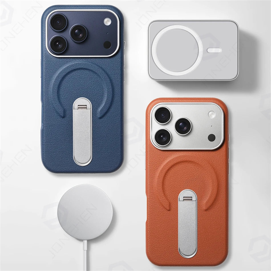 Magnetic Retro Leather Stand Holder Case For IPhone 17 16 15 14 13 18 Pro Max Wireless Charge Shockproof Armor Cover For Magsafe
