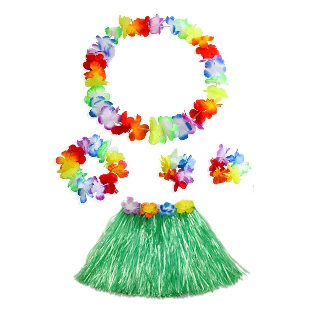 Hawaiian Dance Child Skirt with Leis Costume, Elastic Luau Grass, Hawaiian Flower Bracelets, Headband, Necklace, 40cm, 5pcs 6Pcs