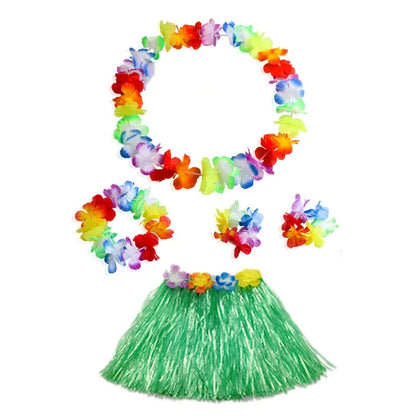 Hawaiian Dance Child Skirt with Leis Costume, Elastic Luau Grass, Hawaiian Flower Bracelets, Headband, Necklace, 40cm, 5pcs 6Pcs