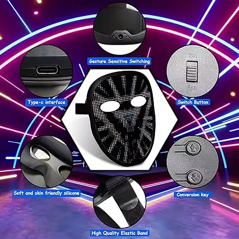 Led Mask with App Control Programmable, Lighted Mask Gesture Control Face Transforming , Light up Halloween Mask For Adults