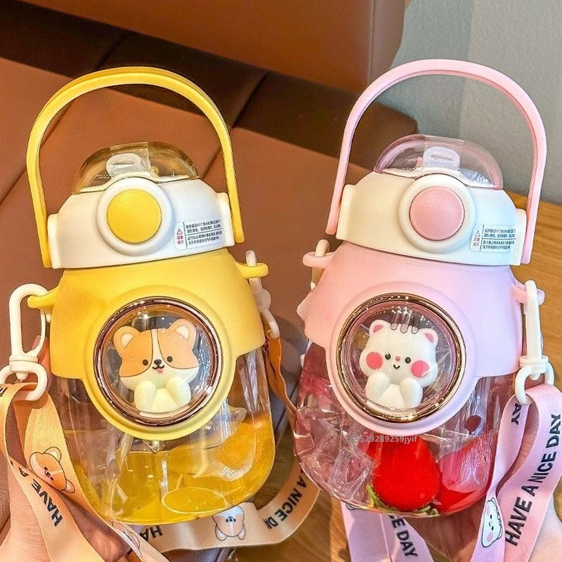 820ml Kids Water Sippy Cup Cartoon Water Bottle with Straw and Handle Portable Drinking Bottle Cup for Children Student School