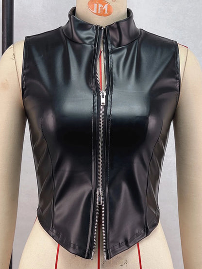 Sexy Black Zipper Leather Crop Top Women Clothing Summer Body PU Tank Tops Woman Vintage Gothic Clothes Streetwear Top Outfit