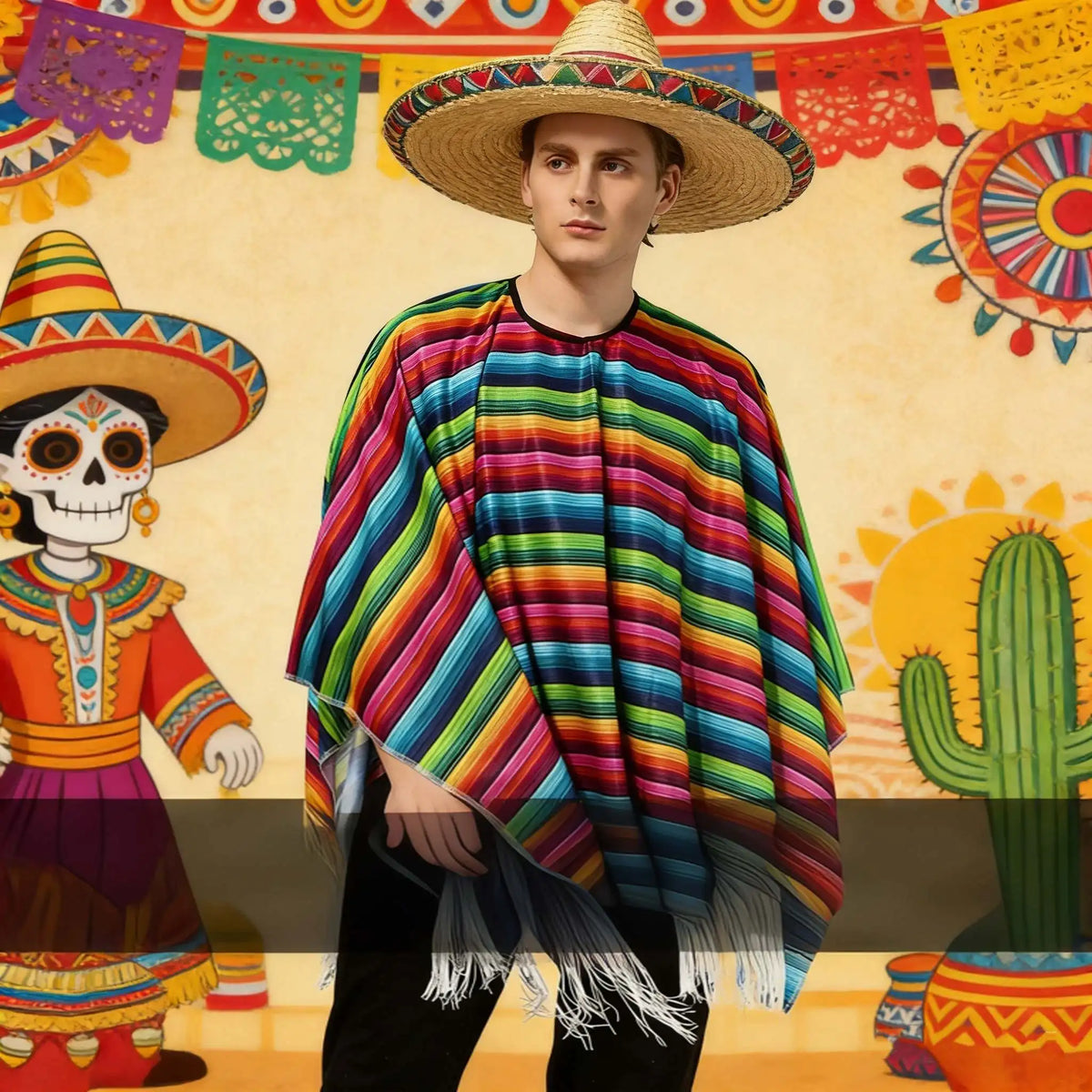 Ethnic Cloak Mexican Poncho Men Women Costume Cosplay Festival Party Adult Mexican Colorful Striped Folk Cape Christmas GiftEthn