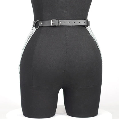 Women Punk Gothic PU Leather Waist‑Thigh Harness Garter Belt, Adjustable Chain Decor Accessory for Rave Festival Halloween Outfi