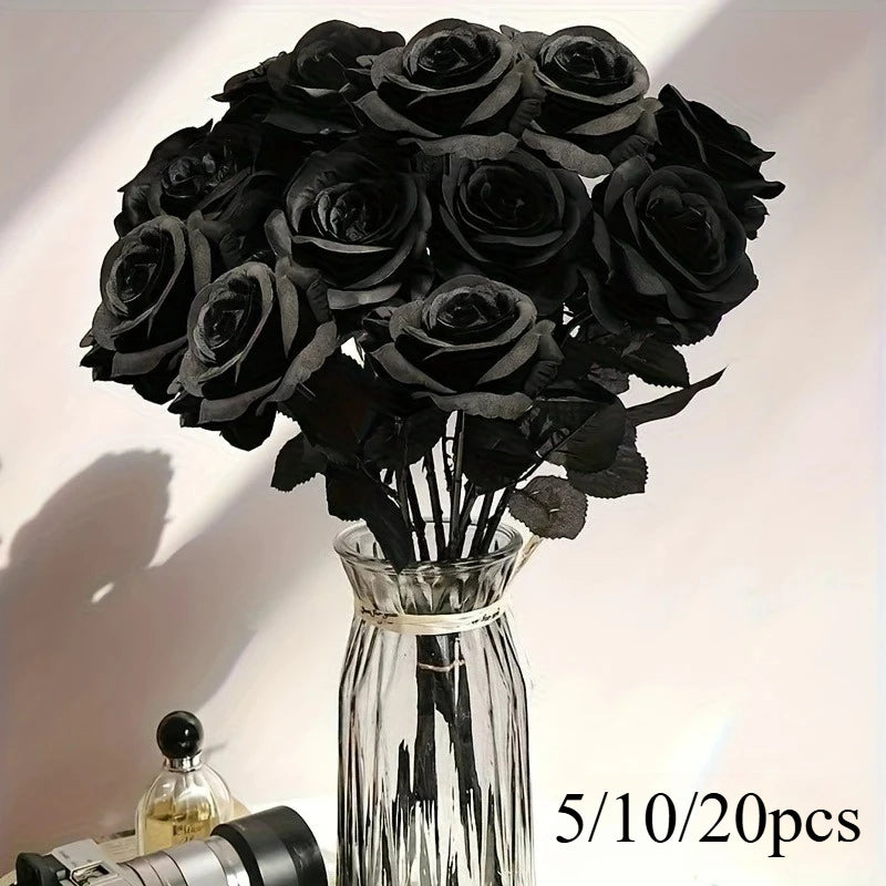 10pcs Artificial Black Roses Fake Flowers, Long Stem, with No Container, for Halloween, Home Decor, Wedding Party, Tabletop