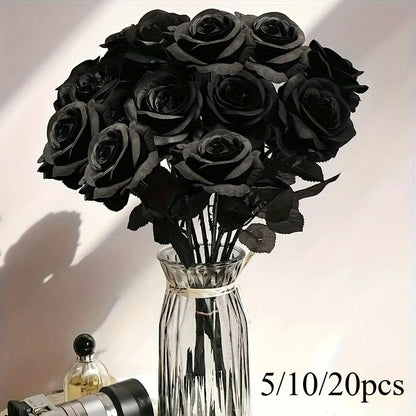 10pcs Artificial Black Roses Fake Flowers, Long Stem, with No Container, for Halloween, Home Decor, Wedding Party, Tabletop