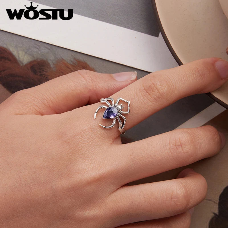 WOSTU Real 925 Sterling Silver Purple Spider Statement Ring For Women , Big CZ Vintage Punk Animal Rings Halloween Gift CQR1158