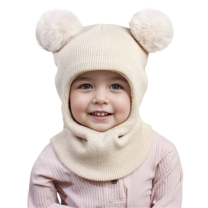 3-12Y autumn and winter double-ball pullover cap, children's double-ball ear-protecting one-piece cap, solid-color cute woolen o