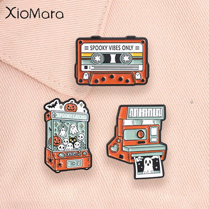 Retro Ghost Claw Machine Enamel Pin Vintage Cassette Camera Spooky Vibes Only Halloween Brooches Lapel Badge Jewelry Gifts