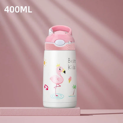 400ML  Kids Water Bottle Cartoon Animal Thermos Mug Baby Duck Billed Straw 316 Stainless Steel Vacuum Flasks Thermos Bottle