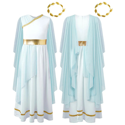 Girls Athena Costume Greek Princess Dress Ancient Greece Roman Toga with Laurel Headwear Halloween Carnival Cosplay Outfits Sets