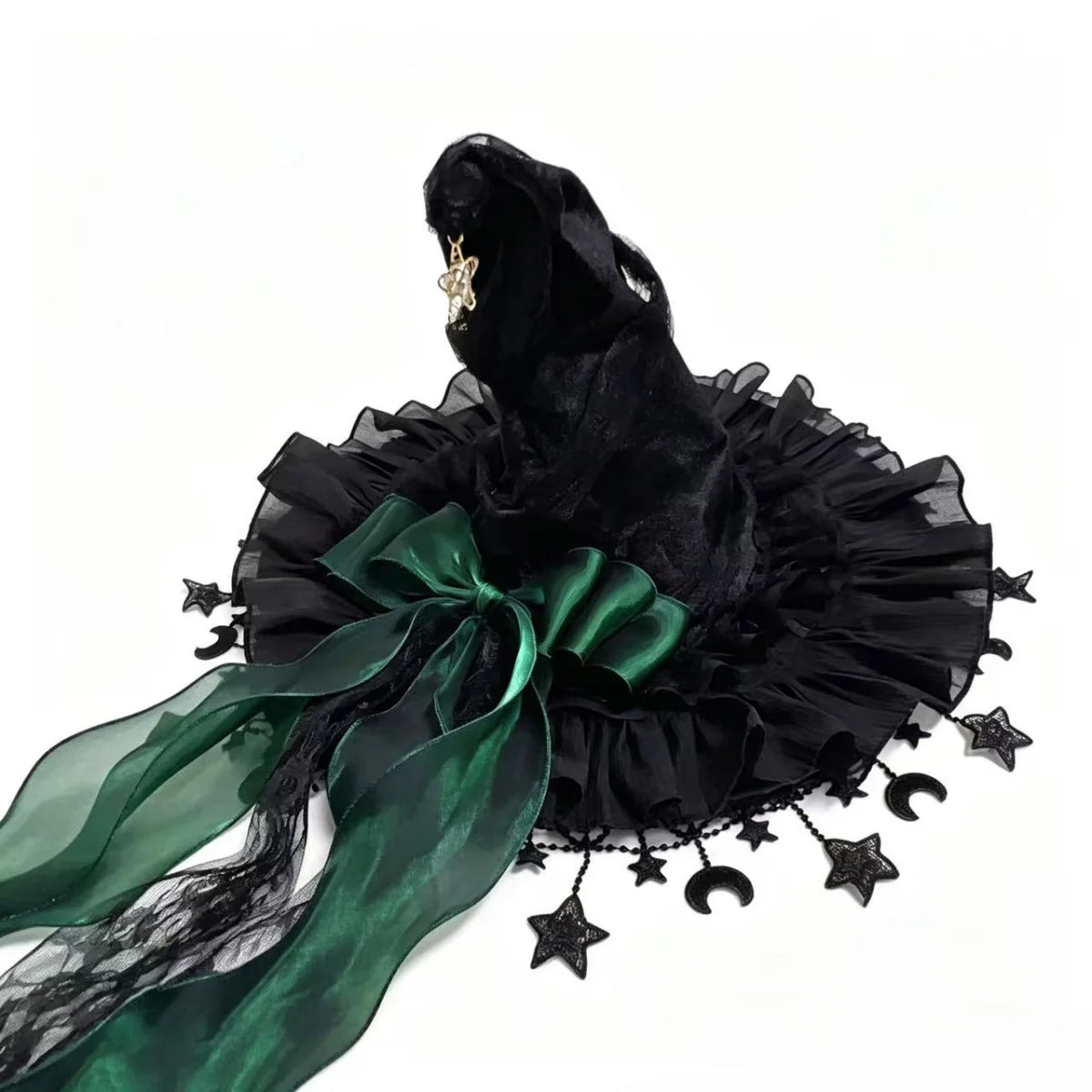 Lace Velvet Witch Hat with Lace Trim and Moon Pendant for Halloween Costume Party Masquerade Cosplay Party Accessory