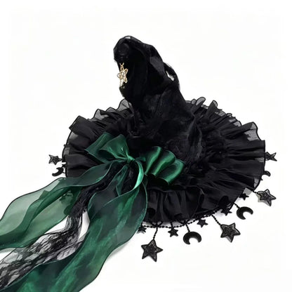 Lace Velvet Witch Hat with Lace Trim and Moon Pendant for Halloween Costume Party Masquerade Cosplay Party Accessory