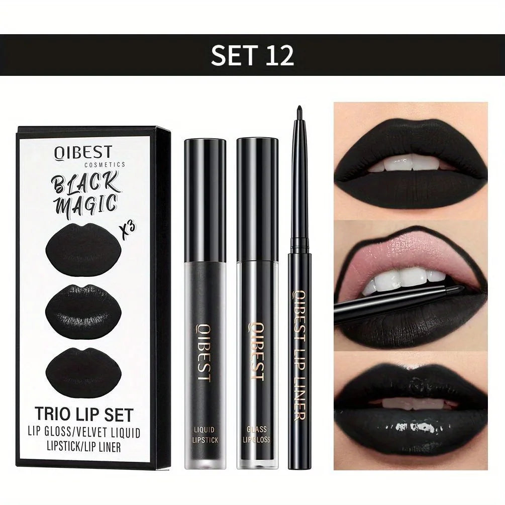 3 in 1 Lipstick and Lipliner Set, Long Lasting Waterproof Lip Stain Liquid Lipgloss Set for Women Halloween Gothic Makeup