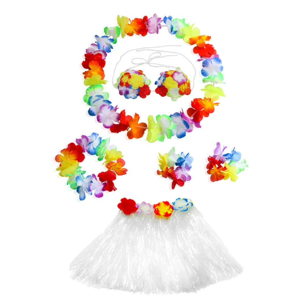 Hawaiian Dance Child Skirt with Leis Costume, Elastic Luau Grass, Hawaiian Flower Bracelets, Headband, Necklace, 40cm, 5pcs 6Pcs