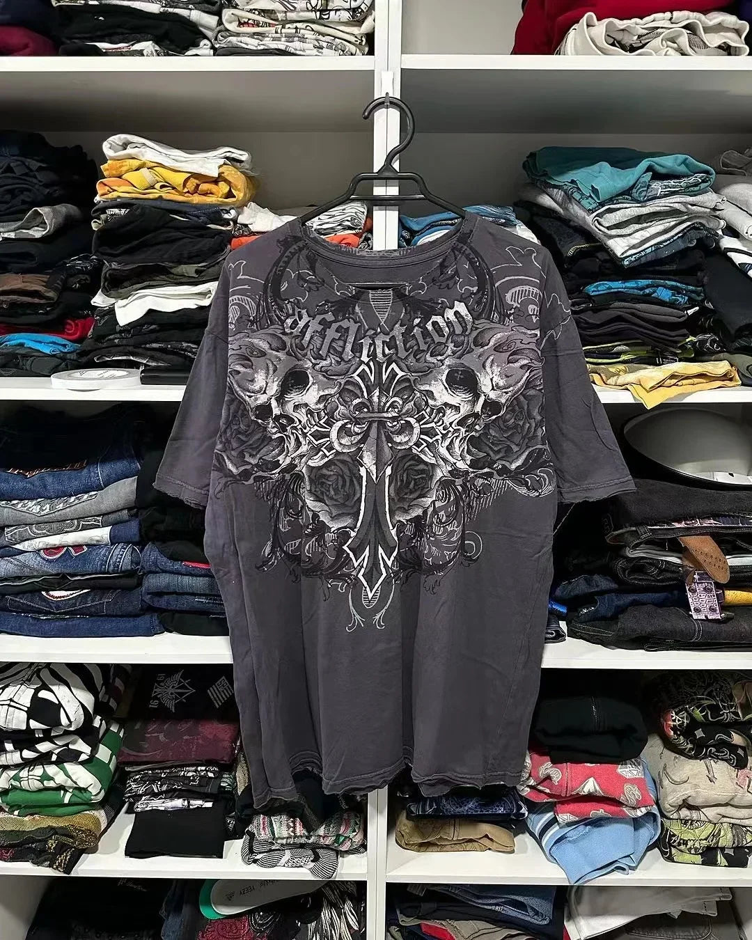 Retro Blue Gothic Pattern Printed Hip Hop Street Fashion Y2K Plus Size T shirt Round Neck Short Sleeve Women Couple Couple Top