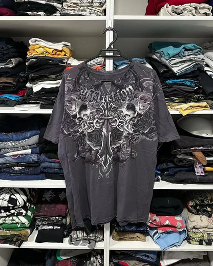 Retro Blue Gothic Pattern Printed Hip Hop Street Fashion Y2K Plus Size T shirt Round Neck Short Sleeve Women Couple Couple Top