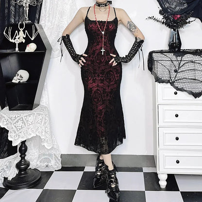 Gothic Sexy Long Fishtail Dress for Women Robe New Spaghetti Strap Sleeveless Backless Ruched  Vintage  Maxi Dress Vestidos