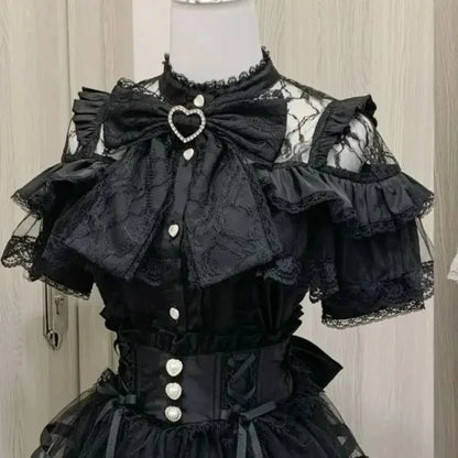 Japanese Sweet Lolita Style Mini Skirt Women Elegant Lace Bandage Party Cake Skirts Female Gothic Y2k Metal Buckle Skirt