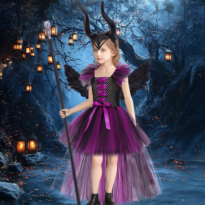 Halloween Girls Deluxe Purple Trailing Mesh Dress Kids Evil Queen Witch Cosplay Costume for Carnival Party Fancy Dress Up
