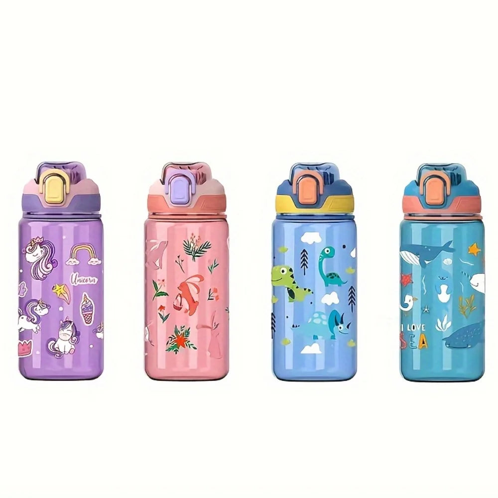 600ml Cartoon Animal Water Bottle Portable Safety Lock Cute Straw Cup Kids Leak-proof Drinking Jug For Outdoor Camping Travel