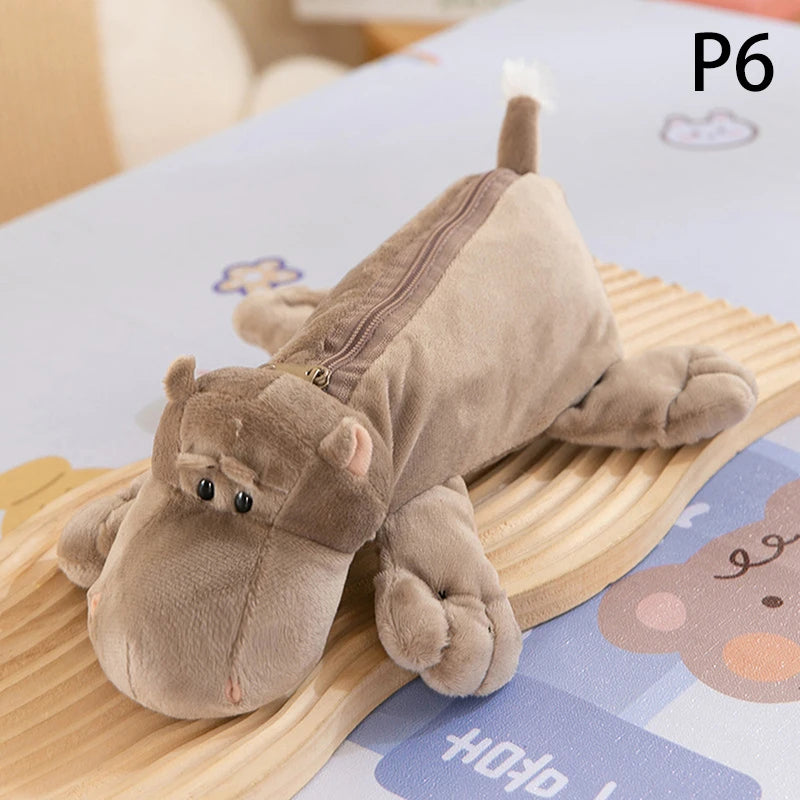 Cartoon Animal Elephant Lion Plush Pen Case For Kid School Season Large Capacity Supplies Stationery Storage Bag For Kid Gift