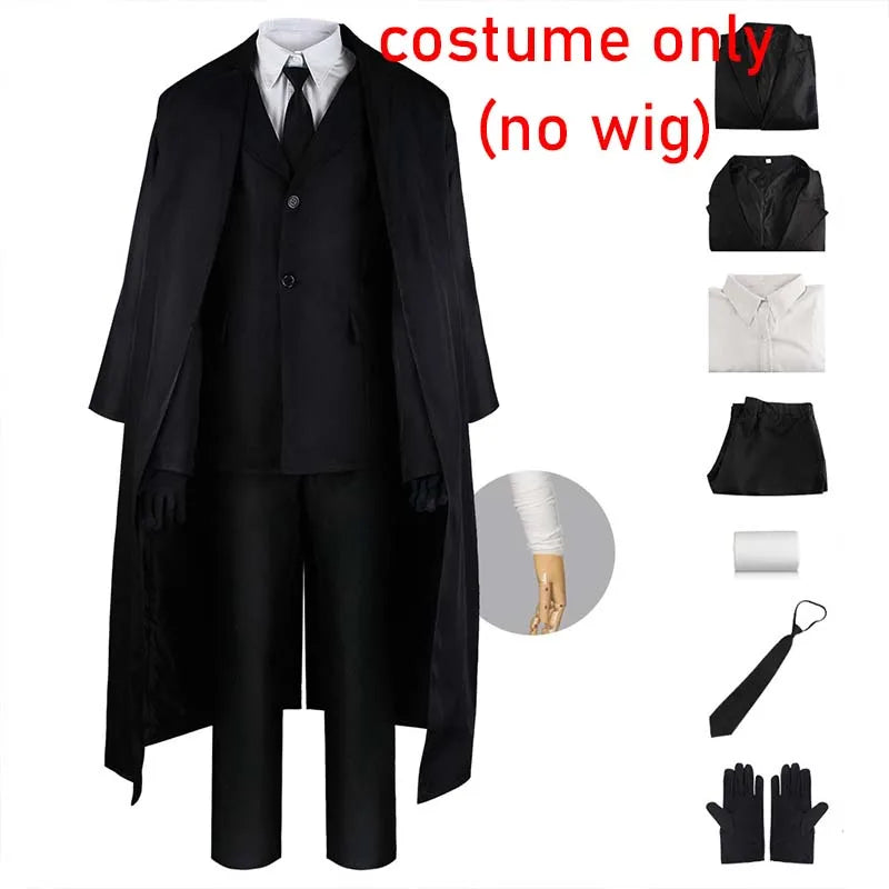 Men Black Suit Outfit Long Trench Coat Vest Shirt Tie Gloves Full Set Halloween Carnival Party Cosplay Costume for Adult Men