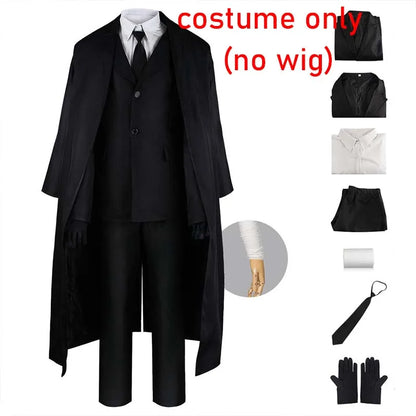 Men Black Suit Outfit Long Trench Coat Vest Shirt Tie Gloves Full Set Halloween Carnival Party Cosplay Costume for Adult Men