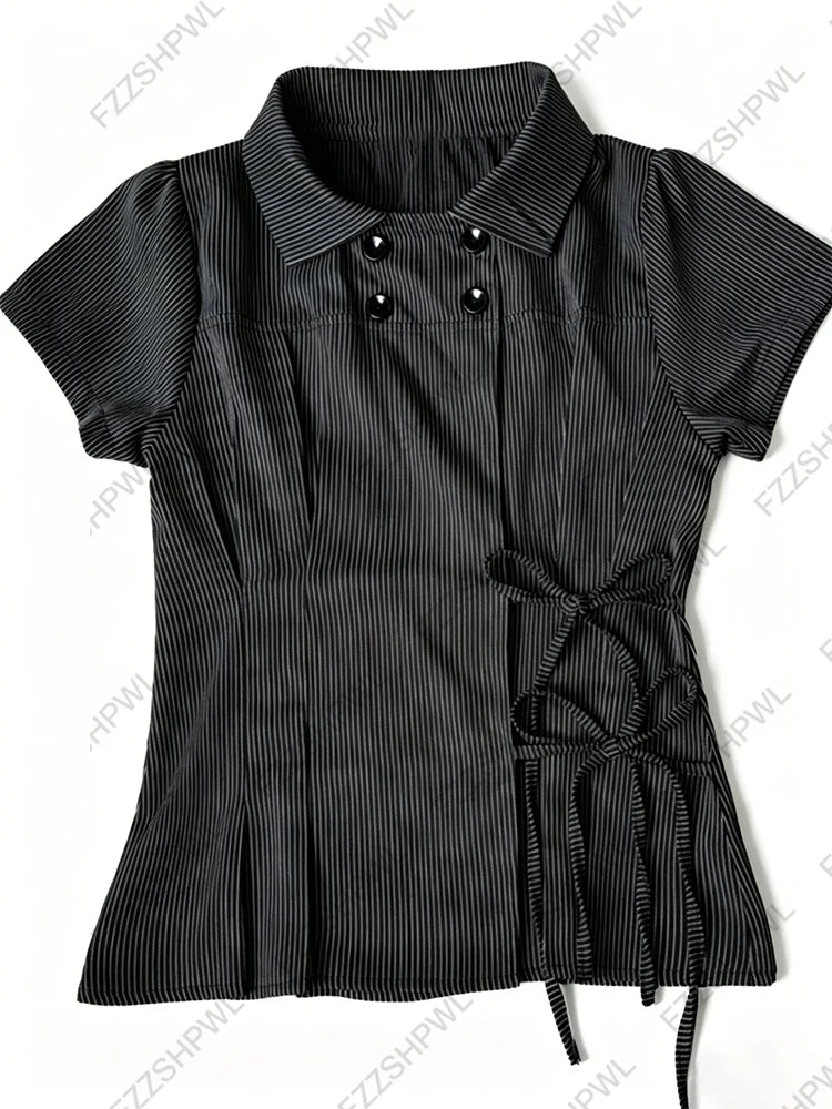 Fashion New Women Y2k Short-sleeved Shirt with Casual Striped Pattern Turn-down Collar Buttoned T-shirt Punk Gothic Streetwear